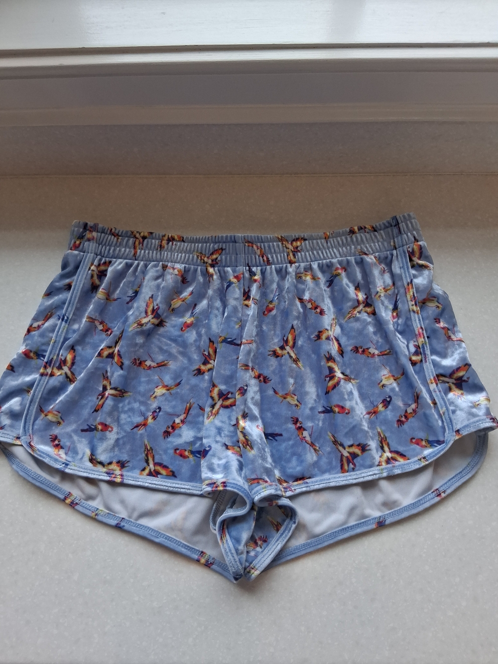 Jolyn Clothing Silas Velvet Light Blue Velvet Shorts with Colorful Bird Print